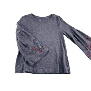 Loft Womens Gray Embroidered Bell Sleeve Top Size Medium Knit Pullover‎